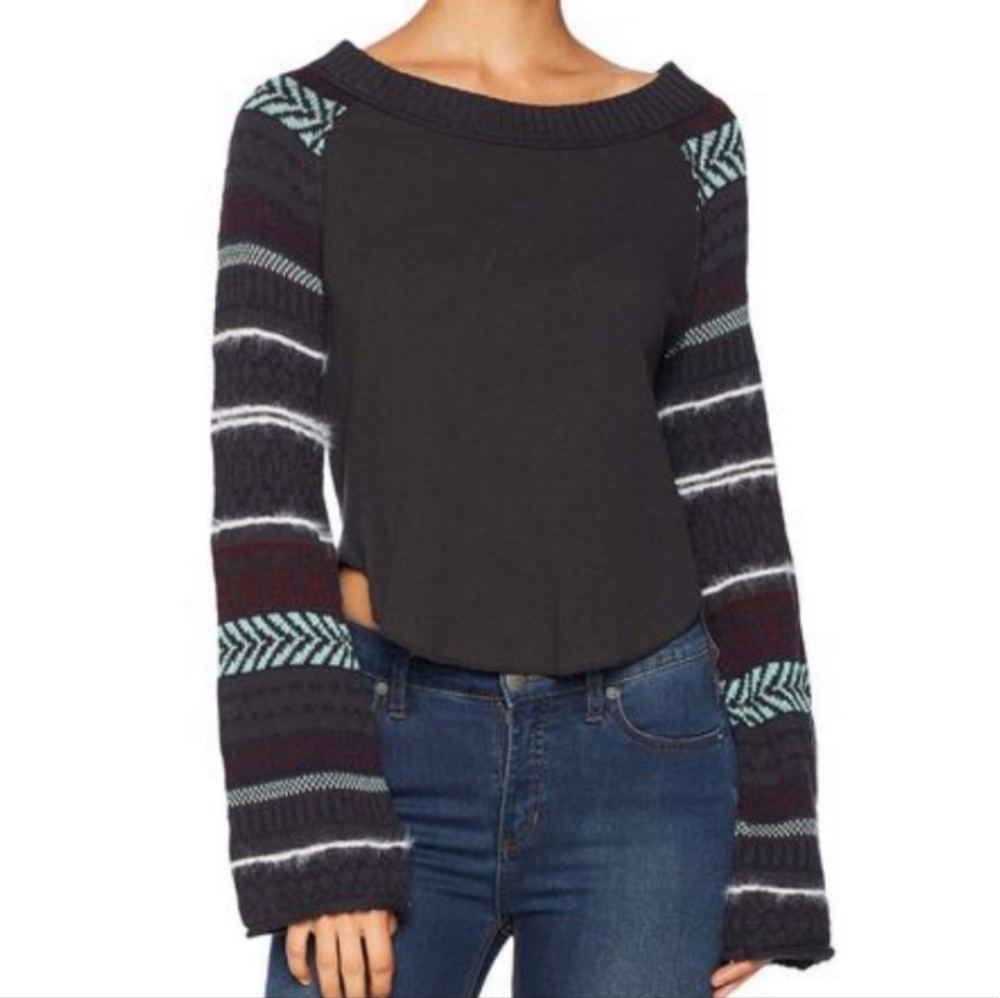 Free People Black Fairground Thermal Pullover Sweater Top.